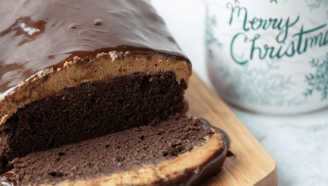 Sliced chocolate coffee loaf cake.