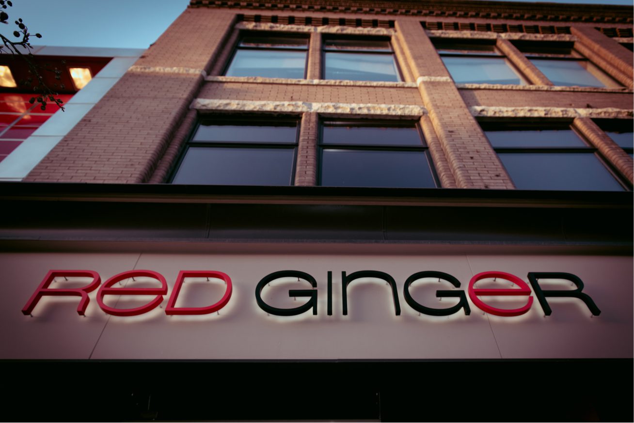 Lower view of the entrance signage on Red Ginger in Michigan.